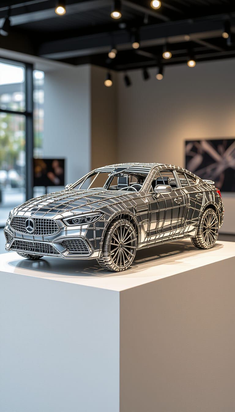 Photorealistic Wire Car Sculpture on Minimalist Pedestal