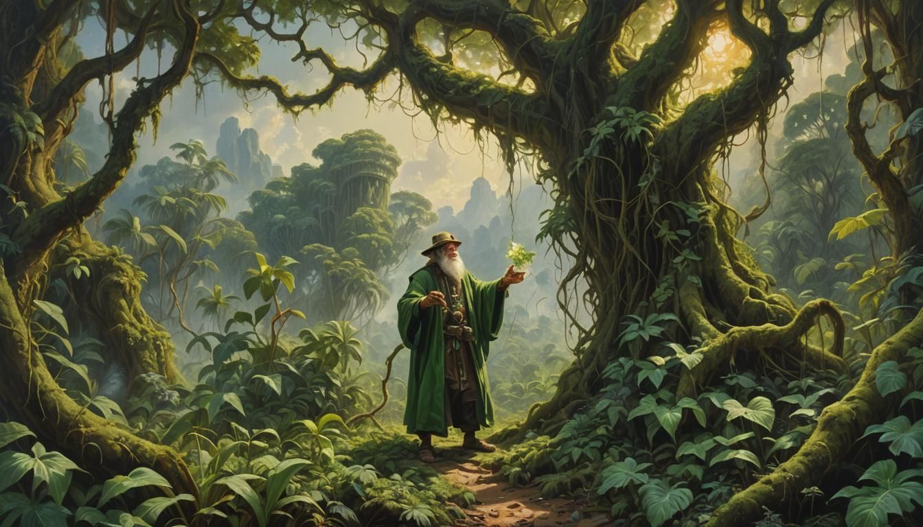 Green Sorcerer Commands Vines in Jungle Oil Painting