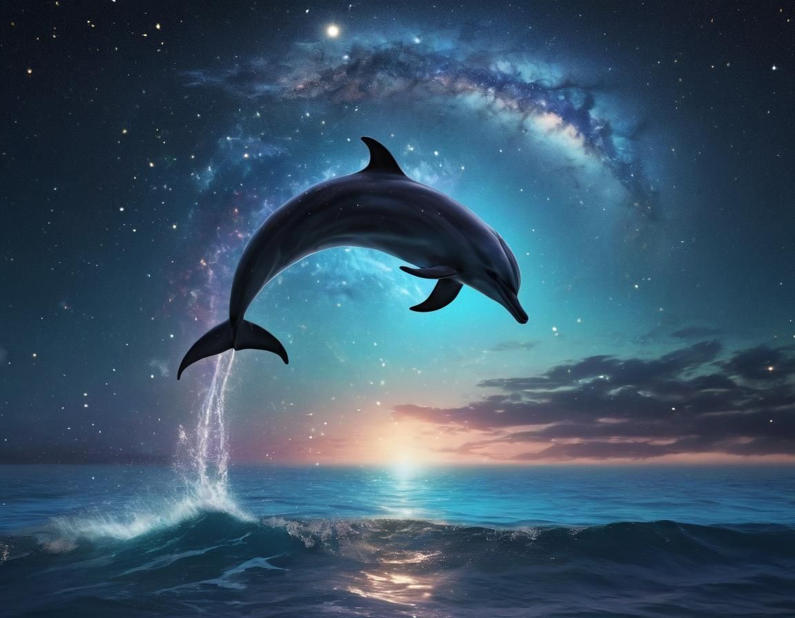 Dolphin Silhouette Leaping Under Astral Skies