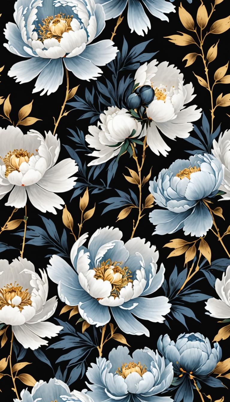 Blue-Black Peony in Sumi-e Ink Painting Style