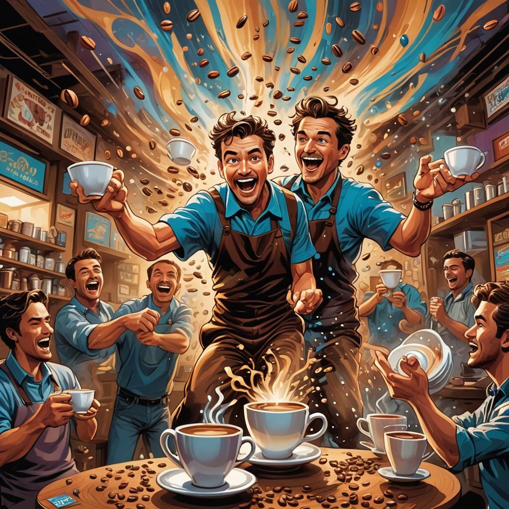 Energetic Coffee Juggler in Comic Book Style