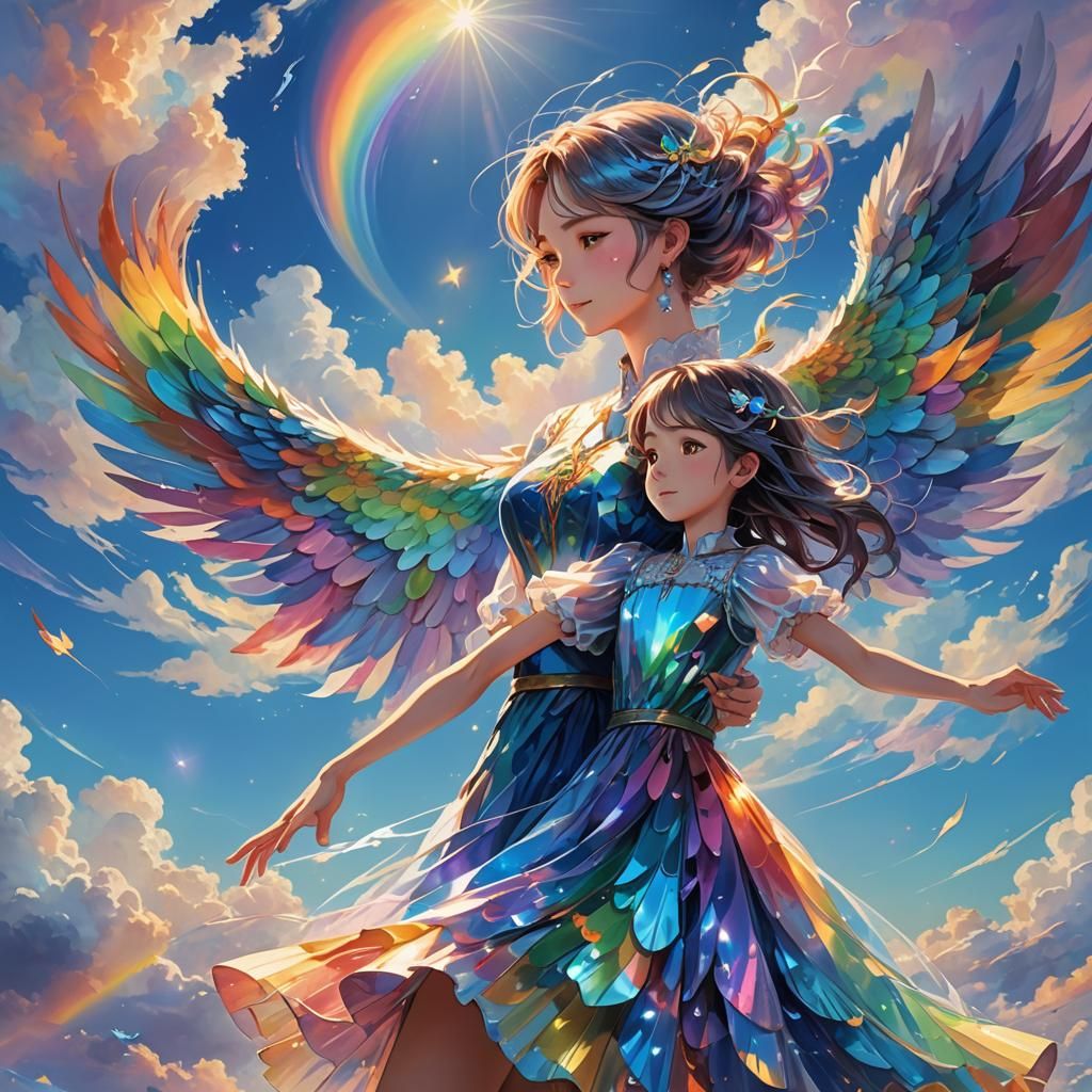 Mother and Daughter Fly in Anime Oil Painting