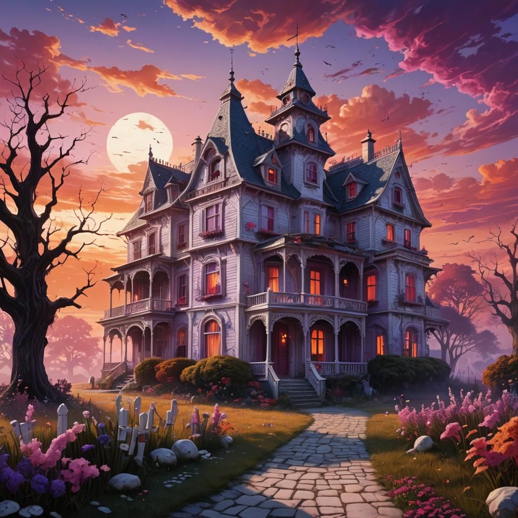 Psychedelic Scary House at Colorful Sunrise