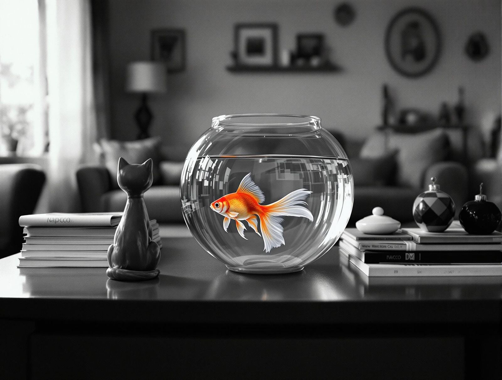 Mid Century Modern Coffee Table Scene with Colorful Goldfish