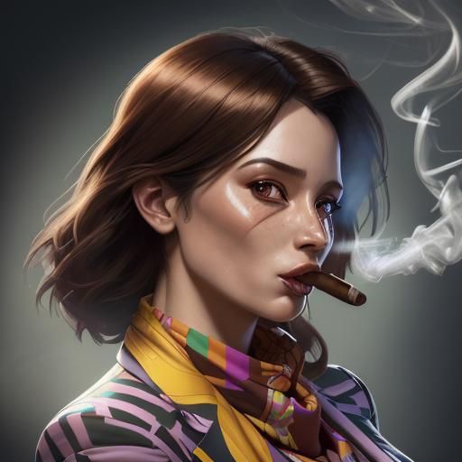 Businesswoman in Cubist Suit with Cigar, Artgerm Style