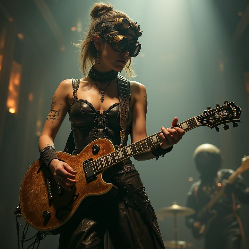 Steampunk Rockstar Shredding on a Smoky Stage