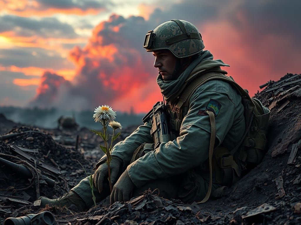 Ukrainian Soldier Contemplates Flower in War-Torn Trench