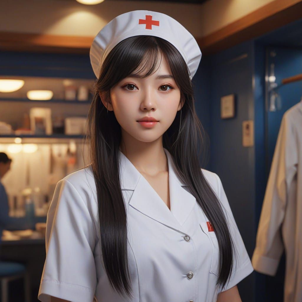 Ethereal Japanese Nurse in Golden Hour Dressing Room
