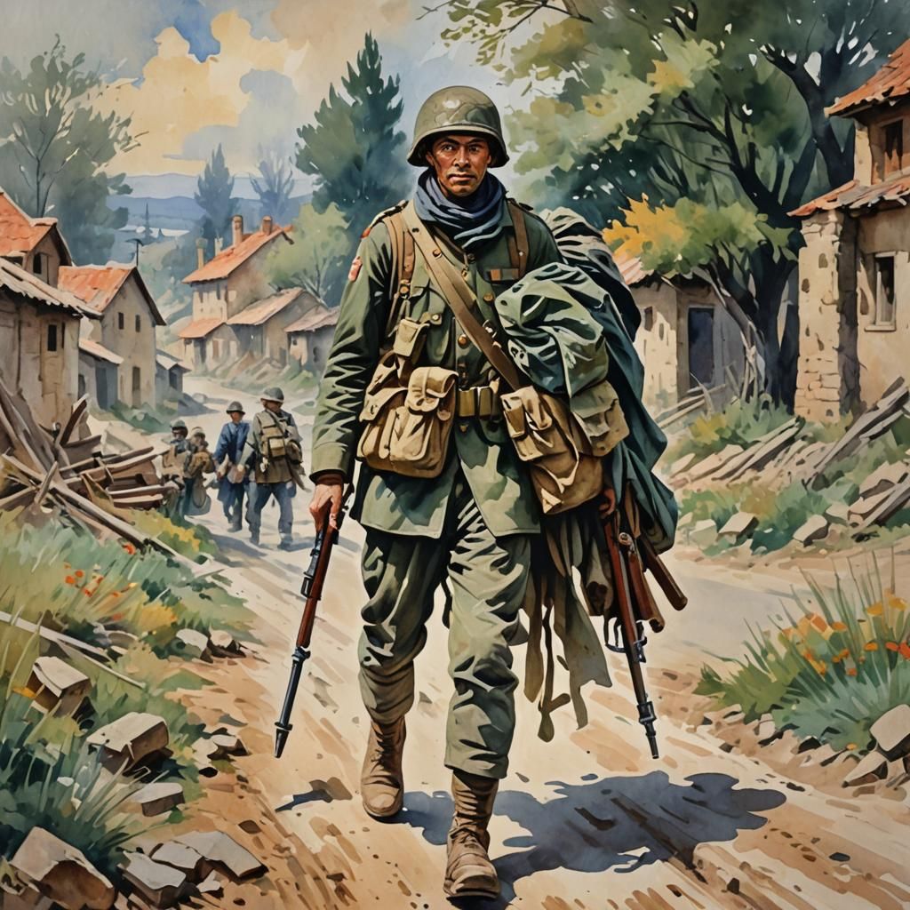 Soldier's Homecoming: Gouache Impressionist Masterpiece