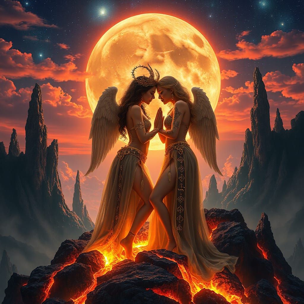 Celestial Priestesses on Volcanic Altar, Fantasy Art