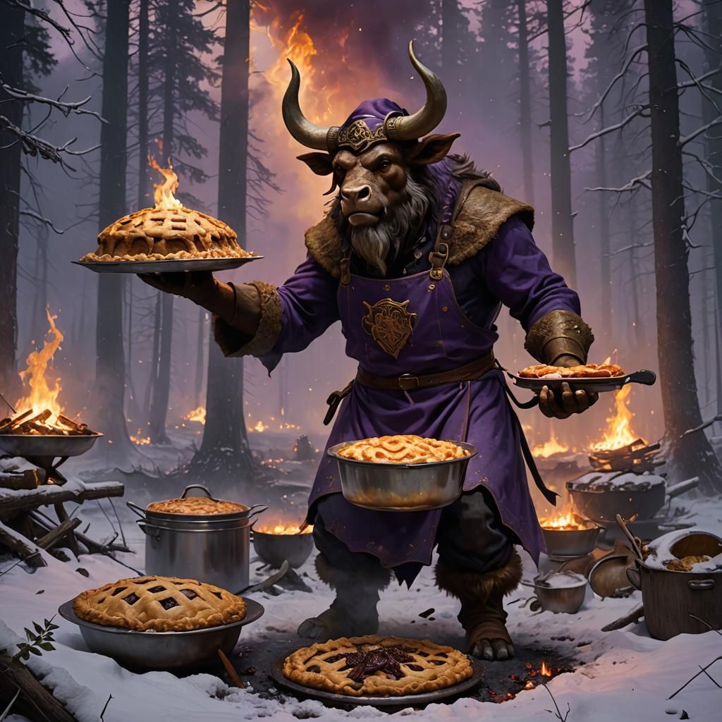Minotaur Chef Baking Pie in Dark Fantasy Art