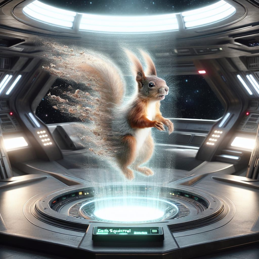 Squirrel Teleporting into a Futuristic Starship