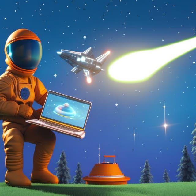 Astronaut Laptop Repair: Cartoon-Style Cosmic Illustration