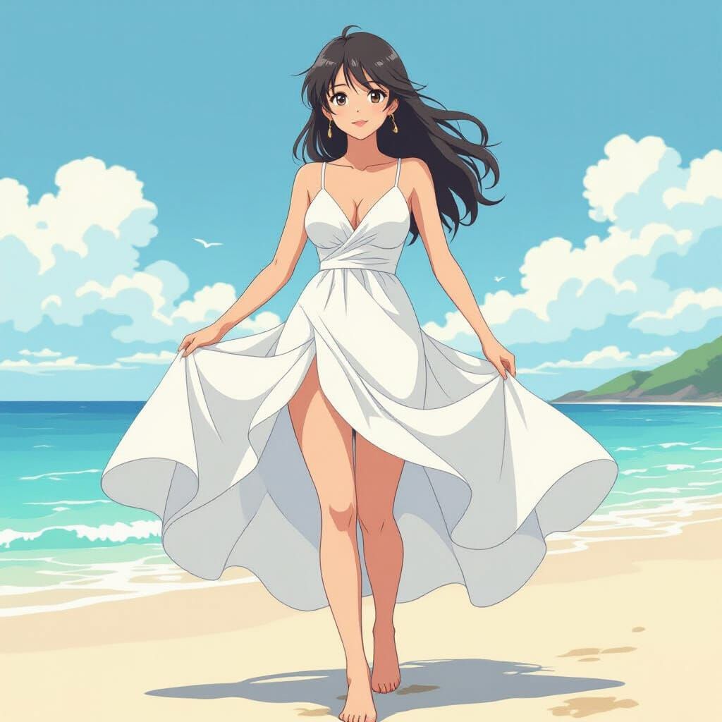 Anime Girl in White Dress on Beach