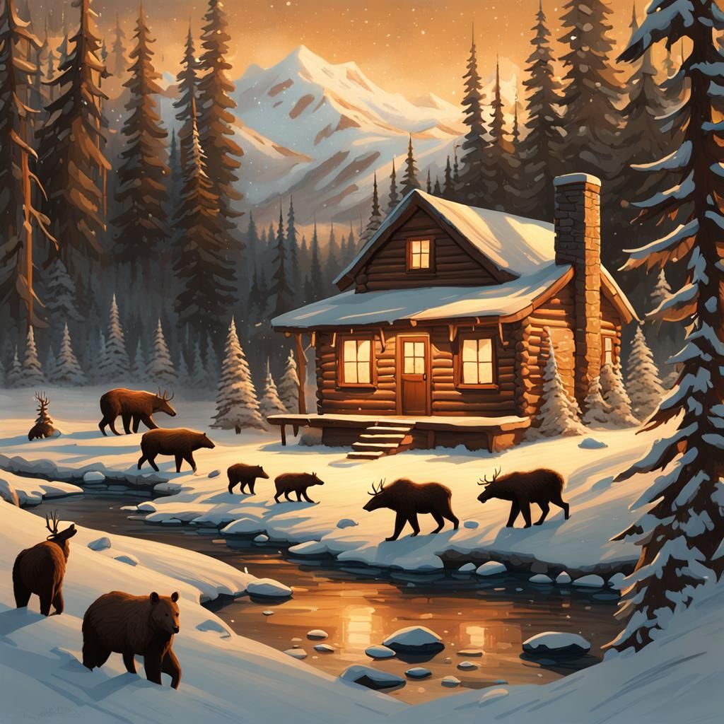 Alaskan Wilderness Cabin in Winter, Oil Painting Style