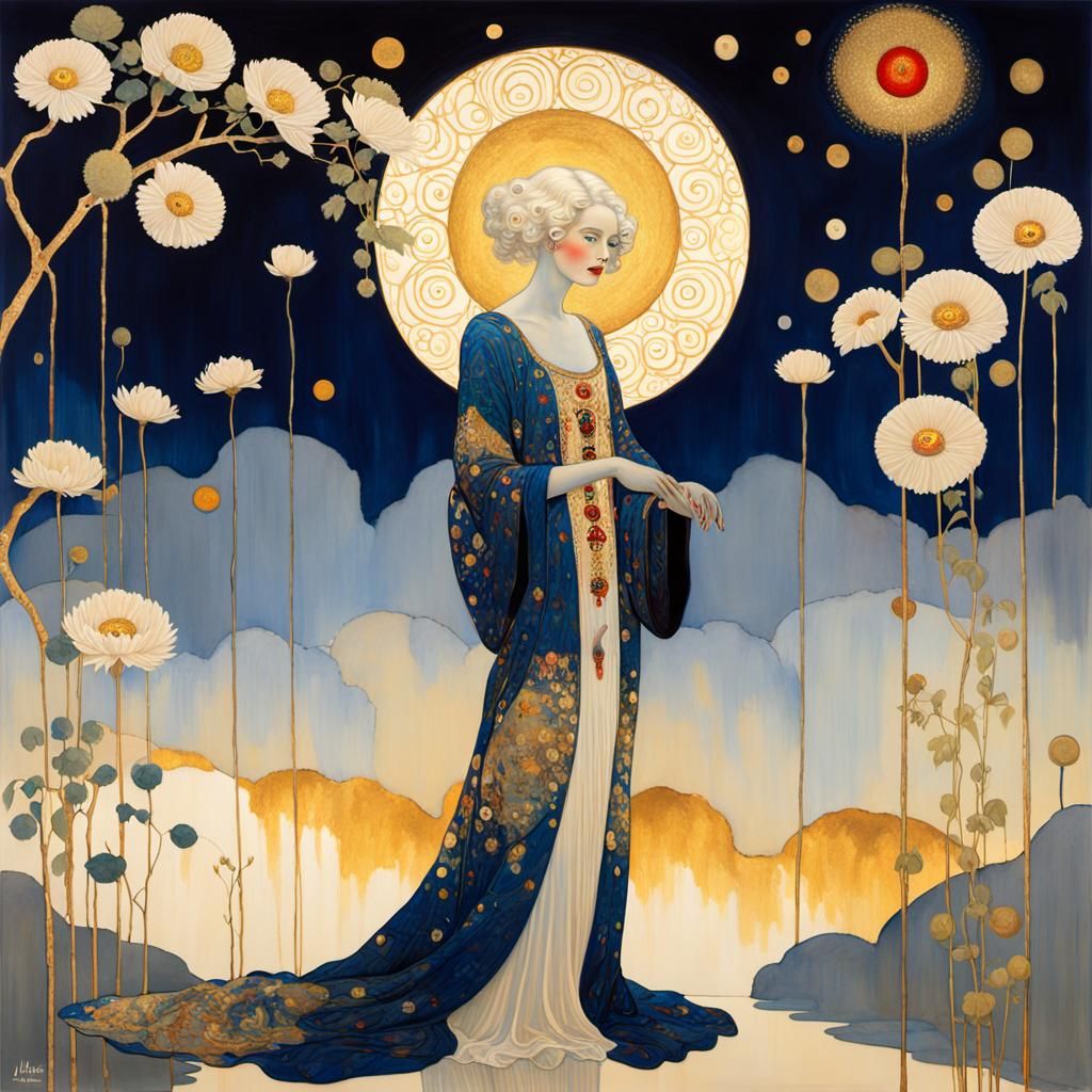 Woman with Glowing Flower in Klimt Impressionism Style