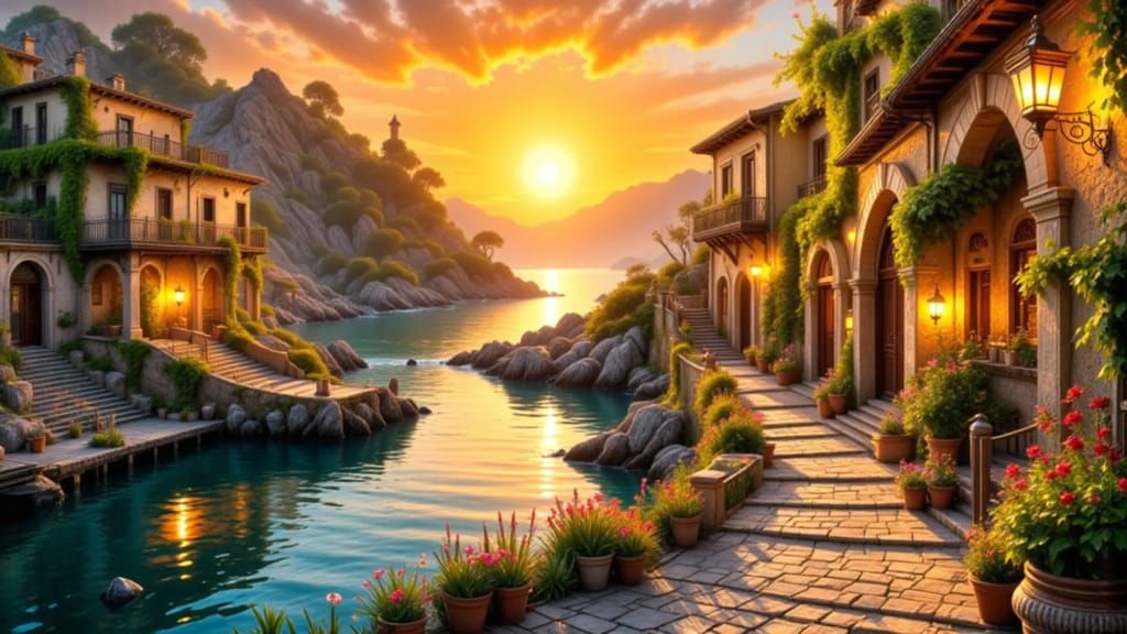 Idyllic Harbor Sunset with Glowing Lanterns