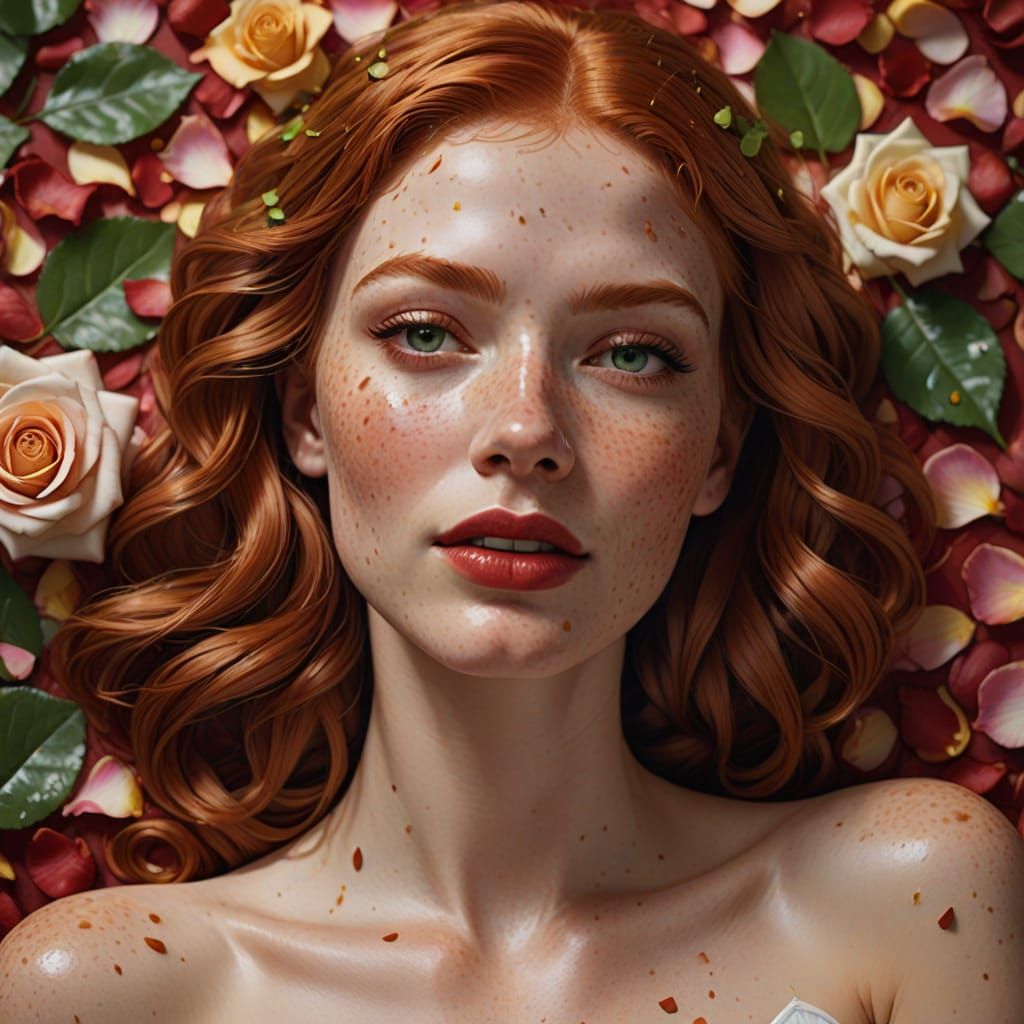 Redhead Woman on Rose Petals in Photorealistic Style