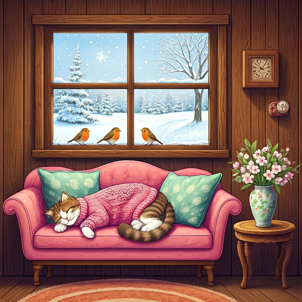 Cat Sleeping in Cozy Pink Nook with Snowy Window View