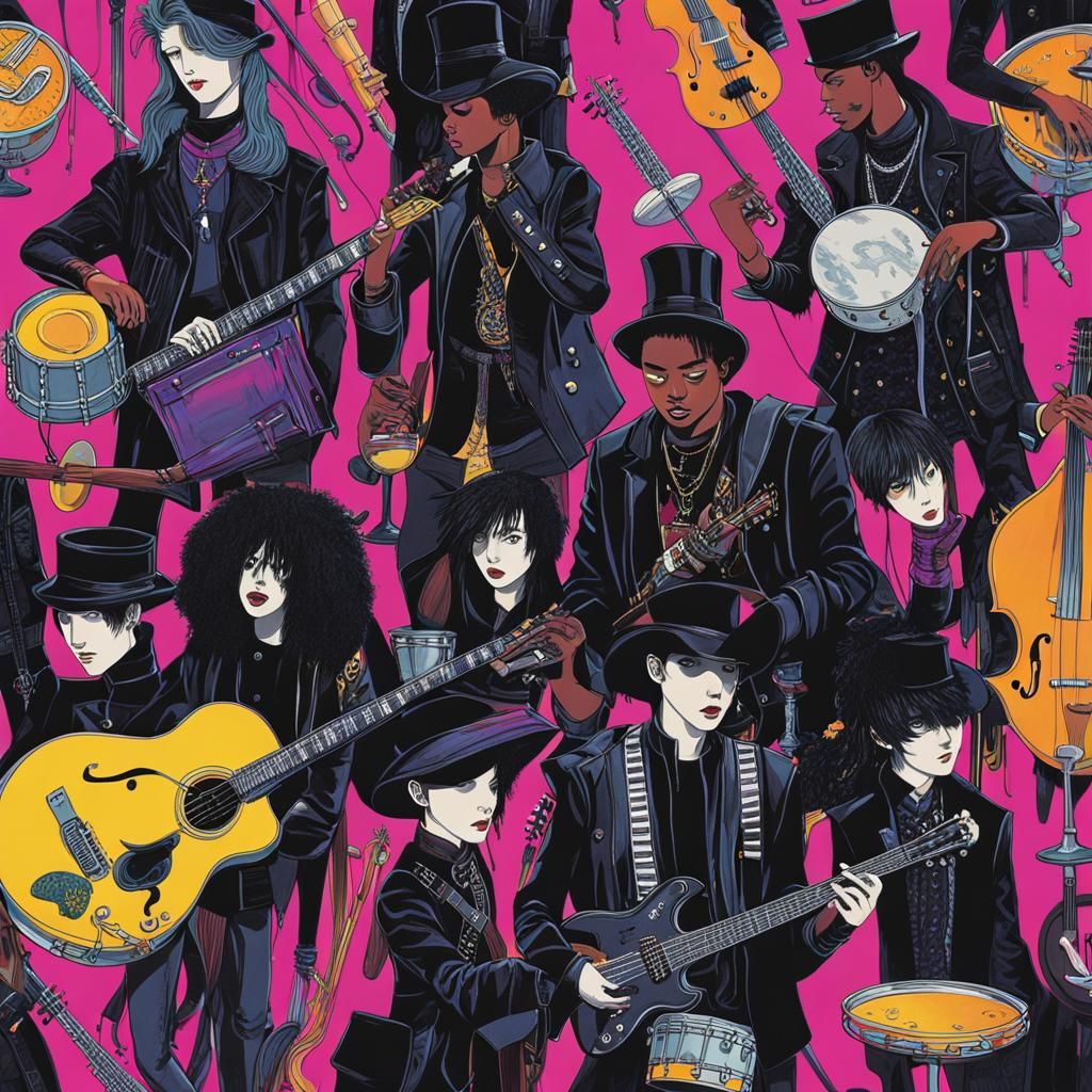 Gothic Musicians with Rainbow Fairy: Crayon-Style Illustrati...