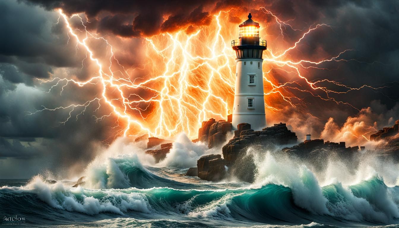 Lighthouse in Storm: Double Exposure Digital Art