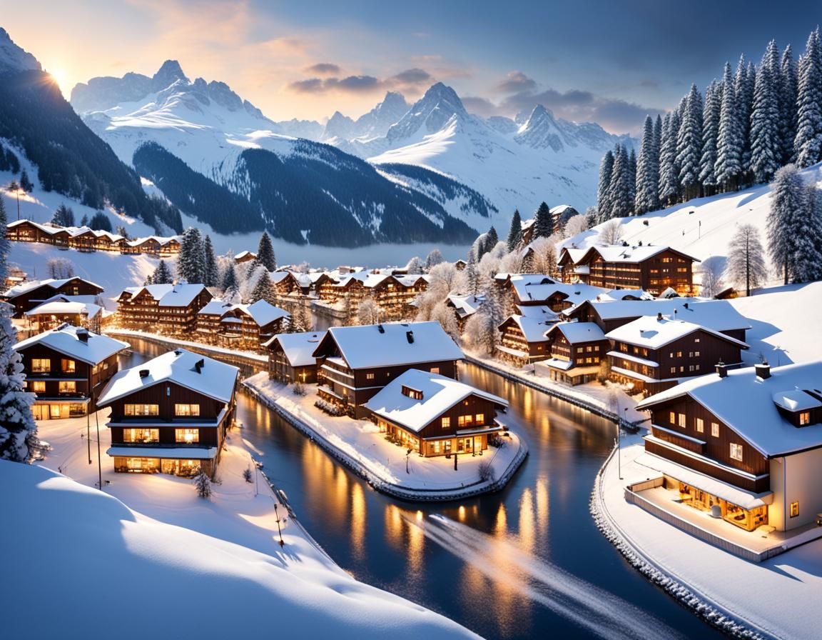 Modern Swiss Village in Winter with Jewelry Stores
