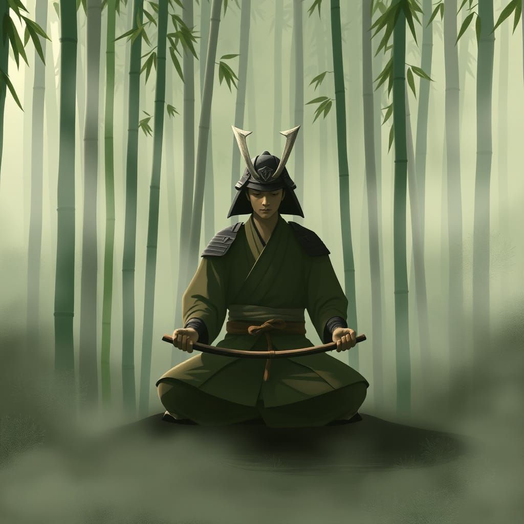 Serene Samurai Warrior in Zen-Inspired Bamboo Forest