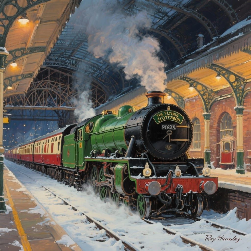 The Flying Scotsman Steam Train at Night Station