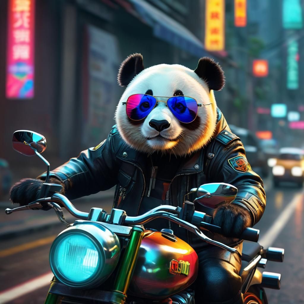 Panda on Motorcycle in Neon Urban Scene