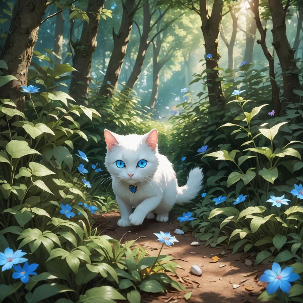 White Cat Hunting Mouse in Anime Style
