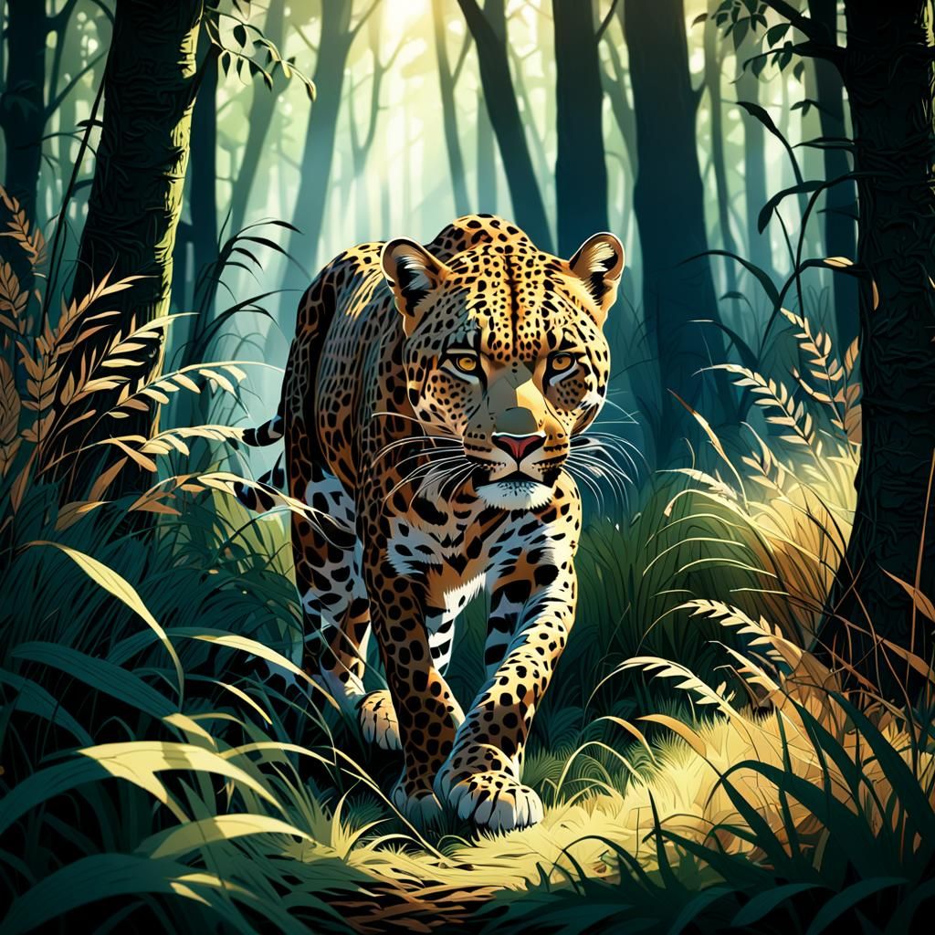 Leopard Stalking Deer in Forest: 3D Digital Art