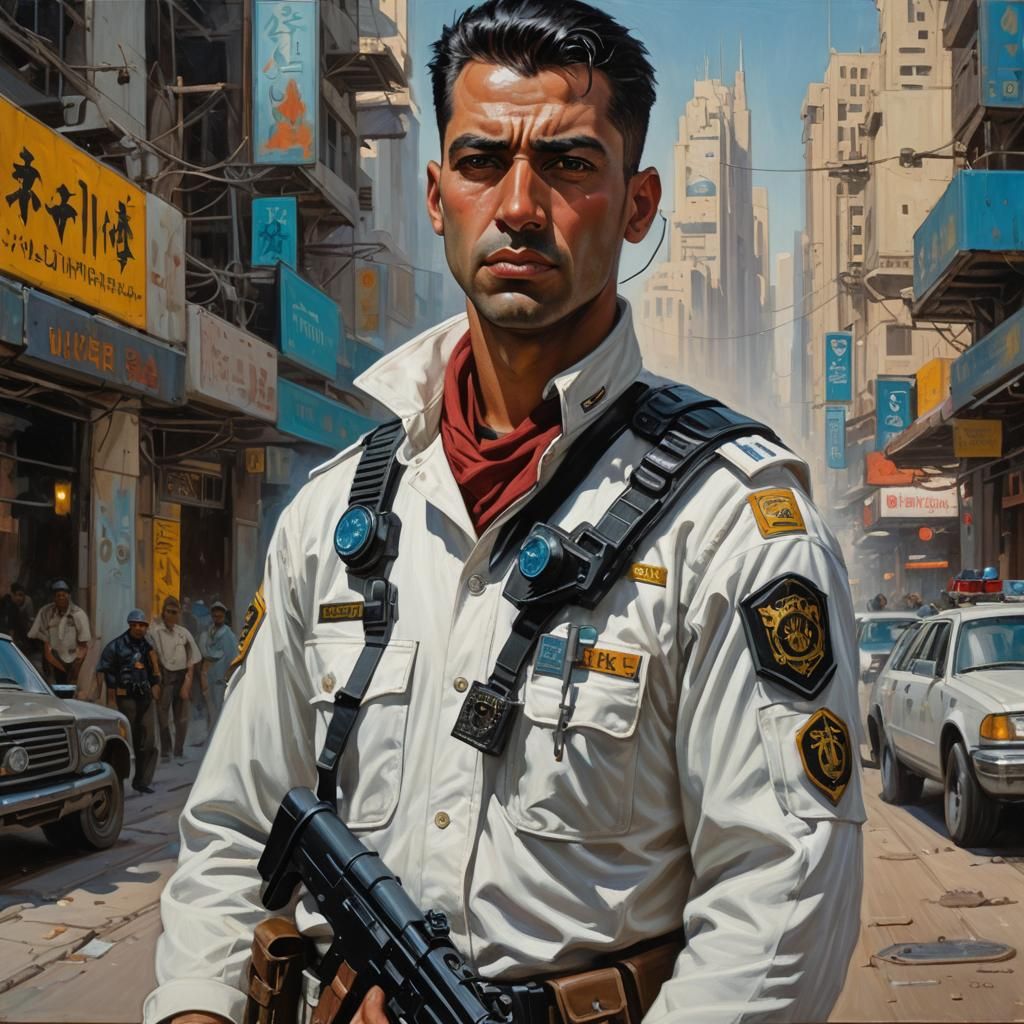Cyberpunk Policeman Portrait in Oil Painting Style