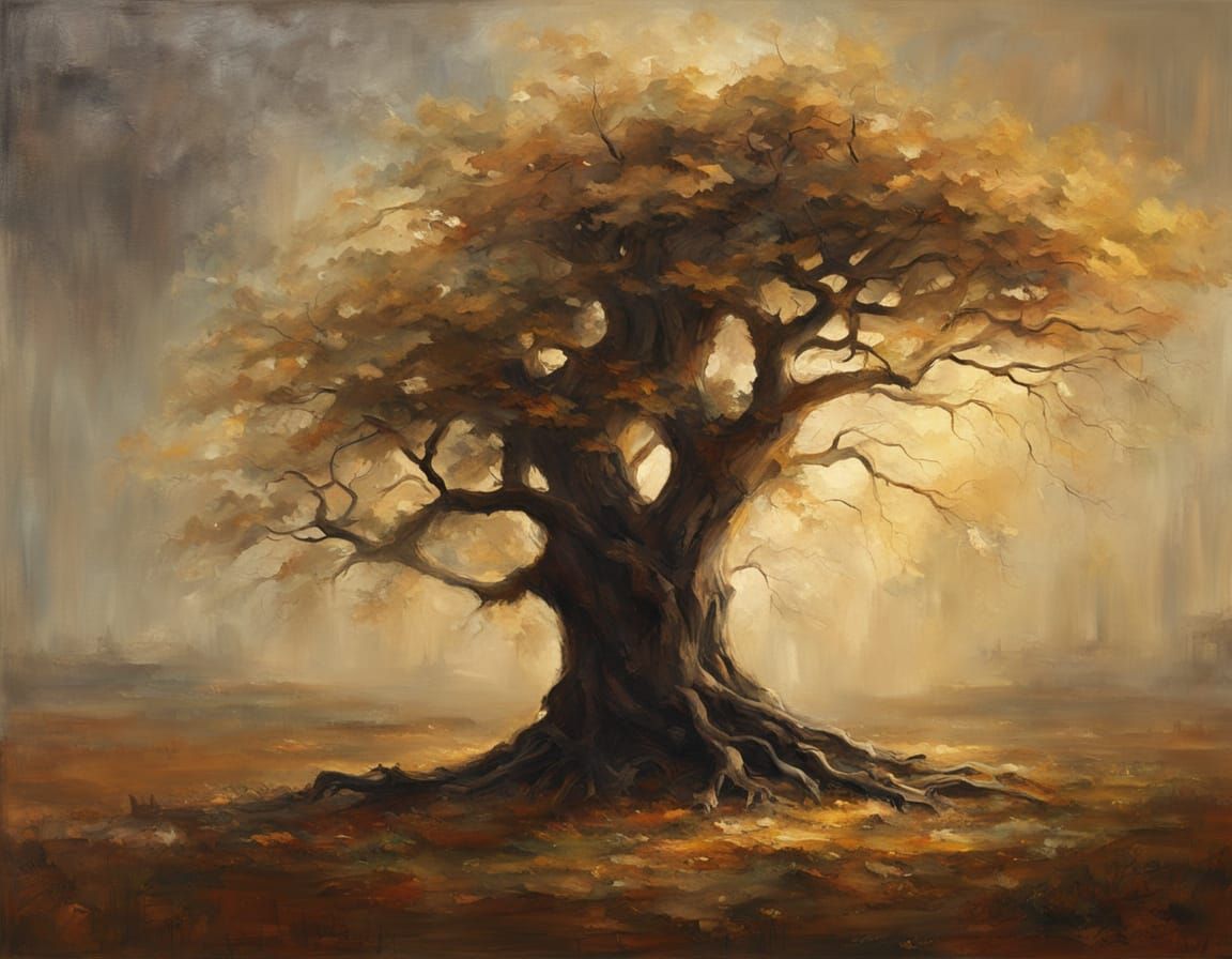 Ancient Tree Oil Painting with Golden Leaves
