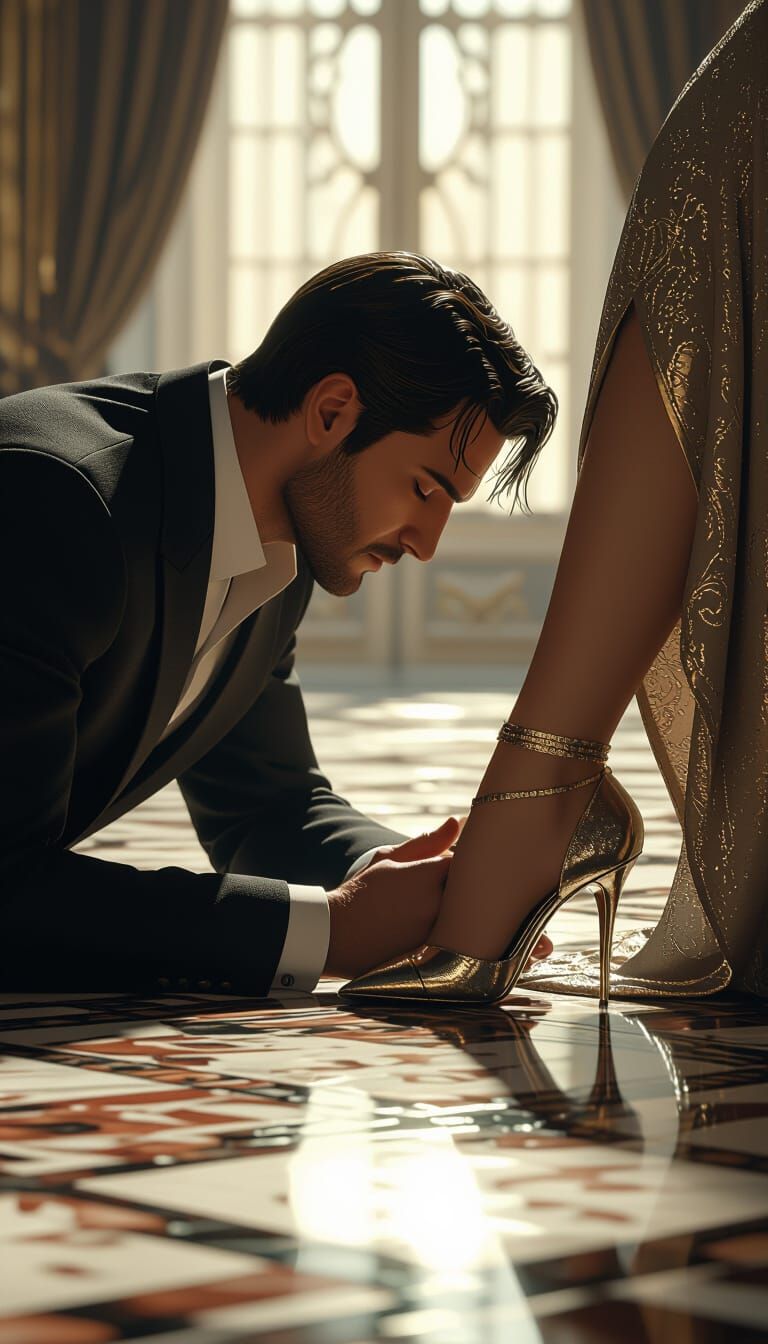 Cinematic 3D Scene: Man Touches Woman's Shoe