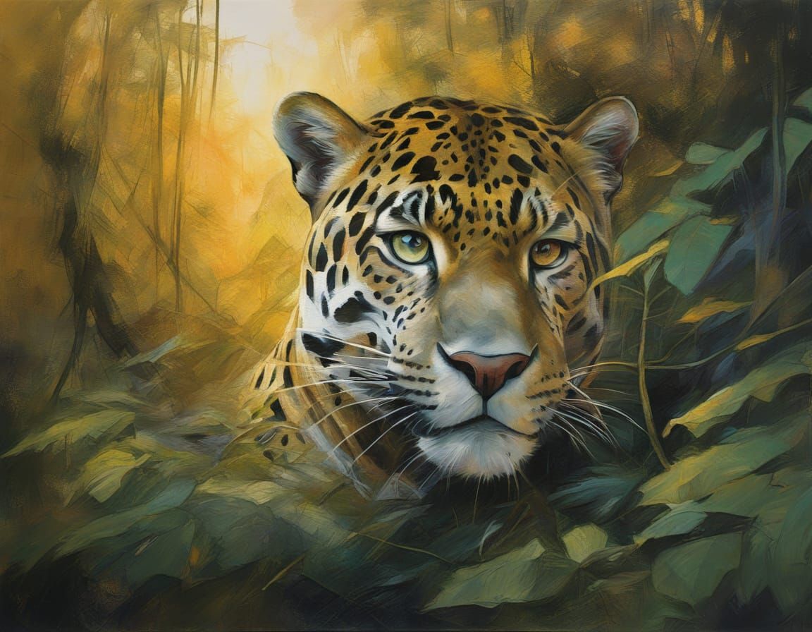Surrealistic Portrait of a Jaguar in a Jungle Landscape