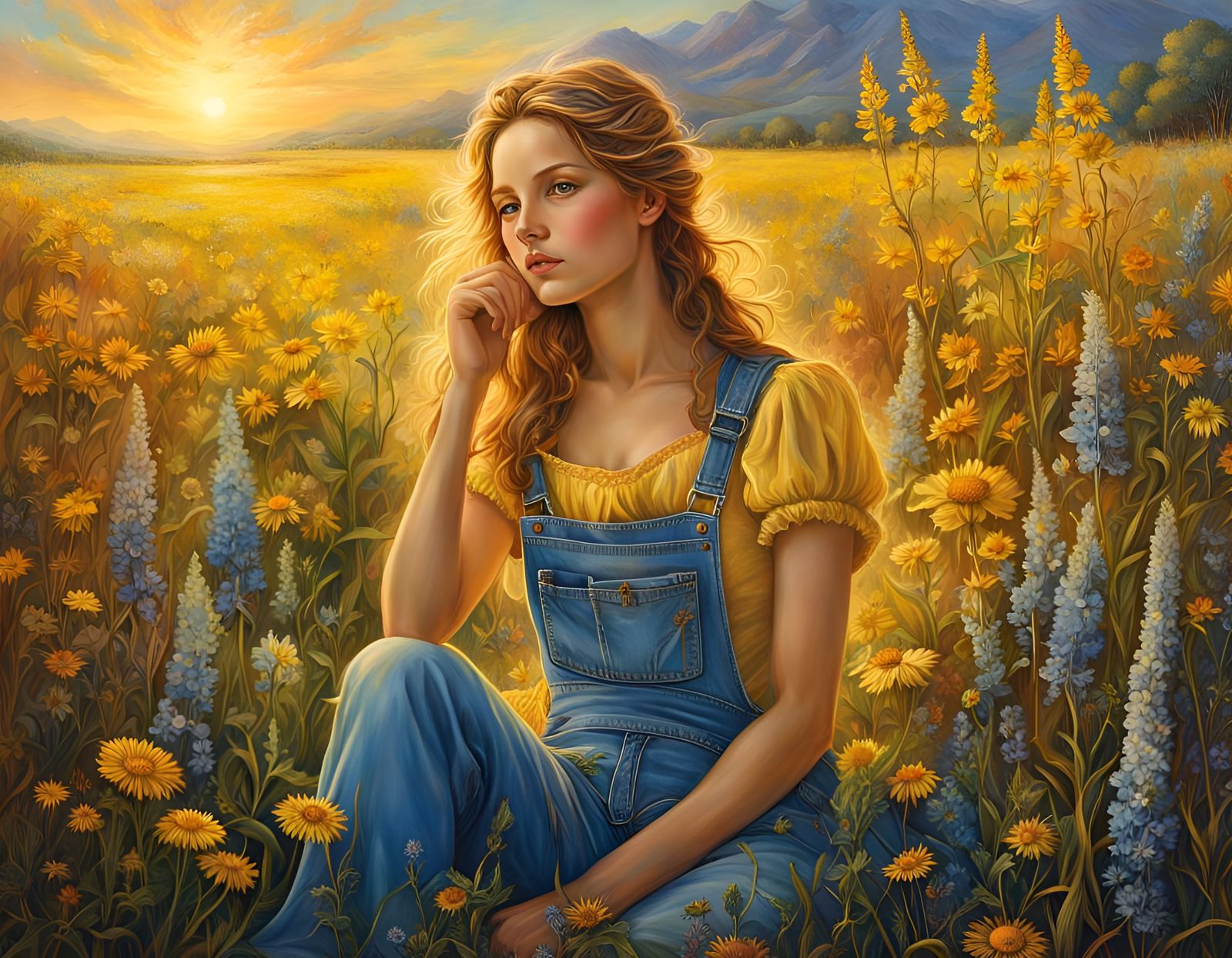 Farmer's Daughter in Wildflower Field at Golden Hour