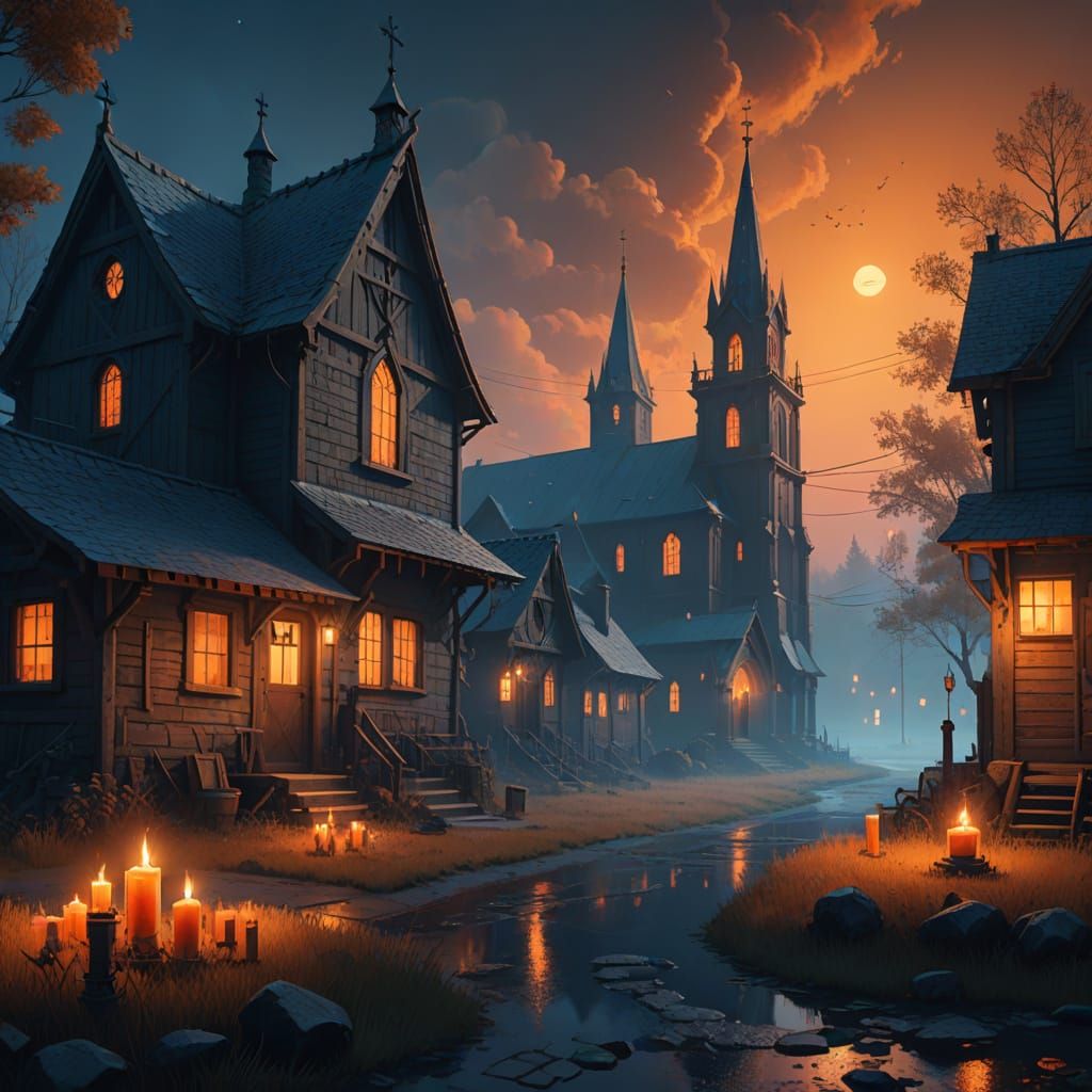 Medieval Fantasy Village Under Golden Hour Hues