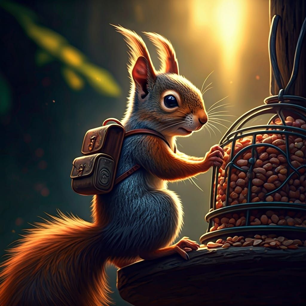 Squirrel Reaching Birdfeeder in Hyperrealistic Style