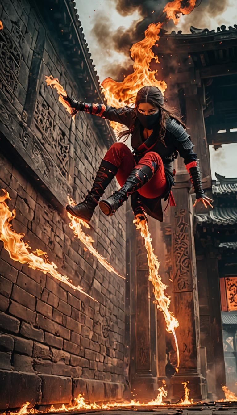 Ninja Woman Leaping from Burning Temple in Cinematic Style