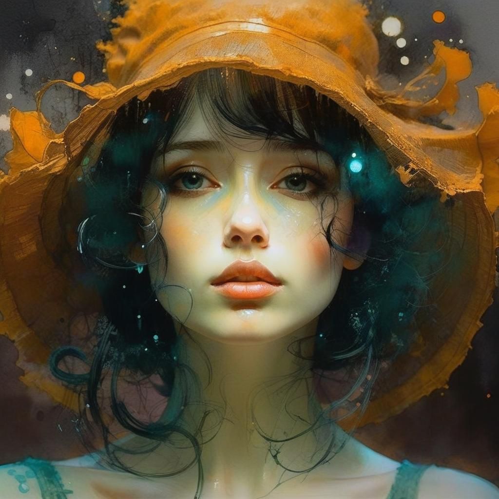 Ethereal Watercolor Portrait with Orange Hat