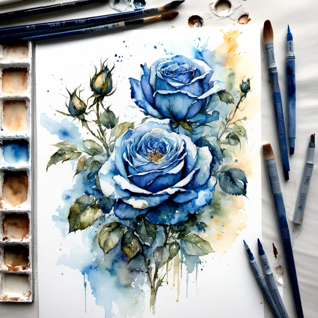 Blue Rose Watercolor Painting