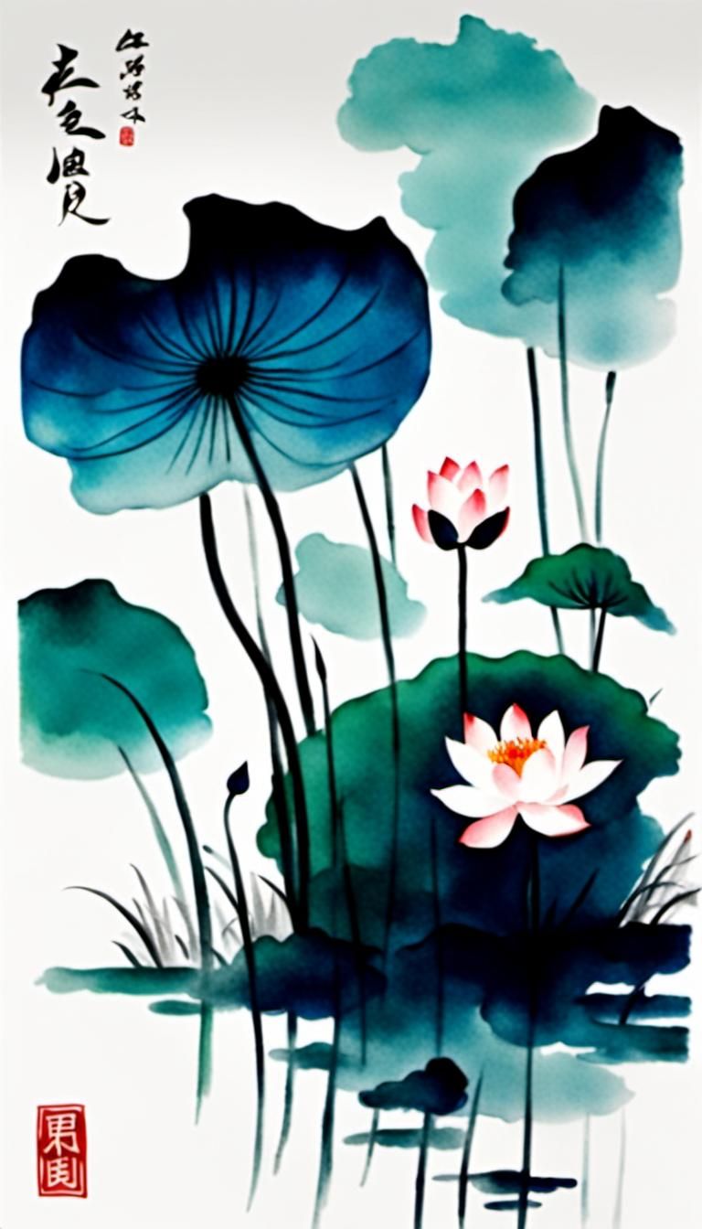 Minimalist Lotus Flowers in Chinese Ink Painting