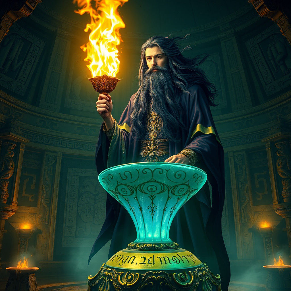 Mystical Druid with Torch in Ancient Sanctum