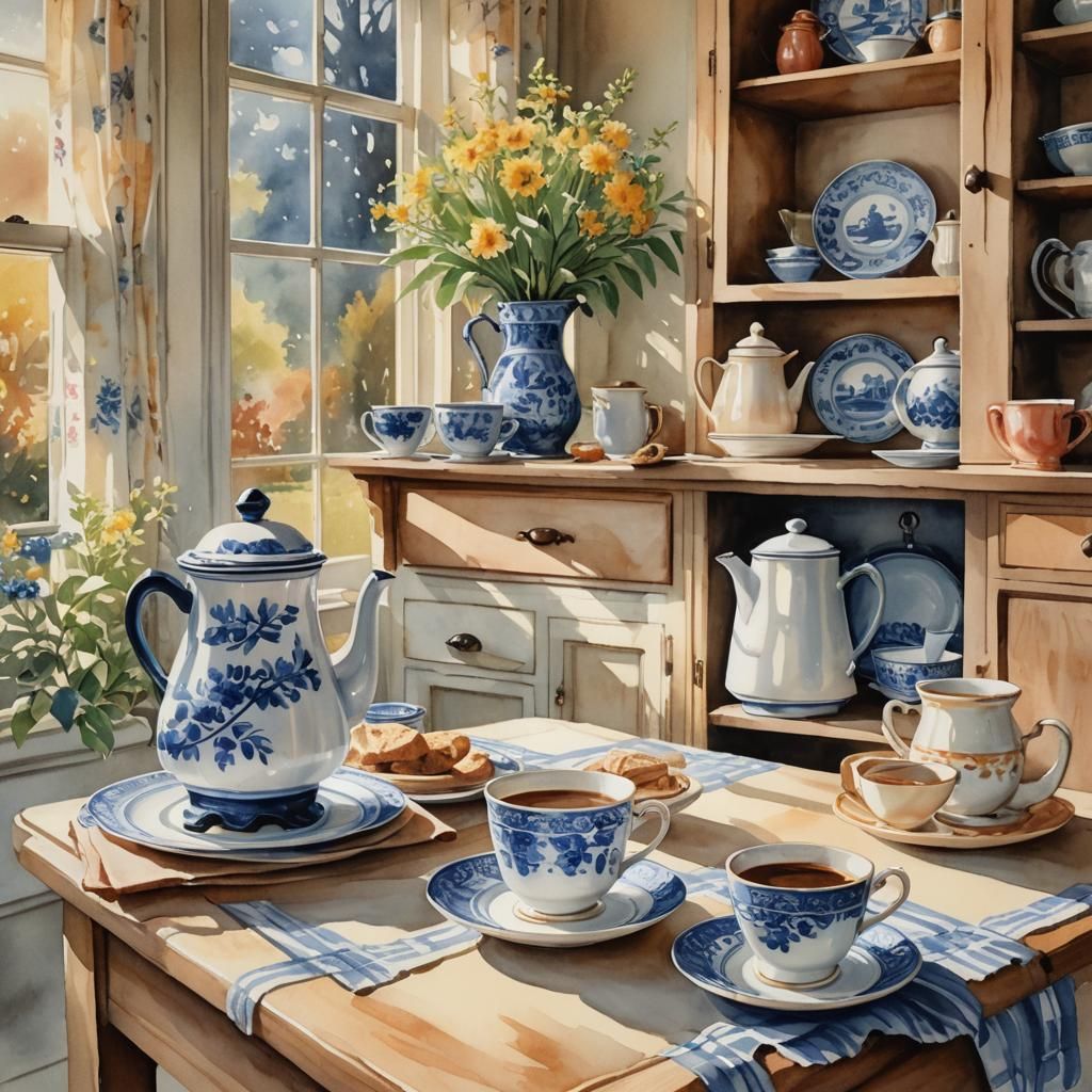 Watercolor Cottage Kitchen with Vintage Coffee Percolator