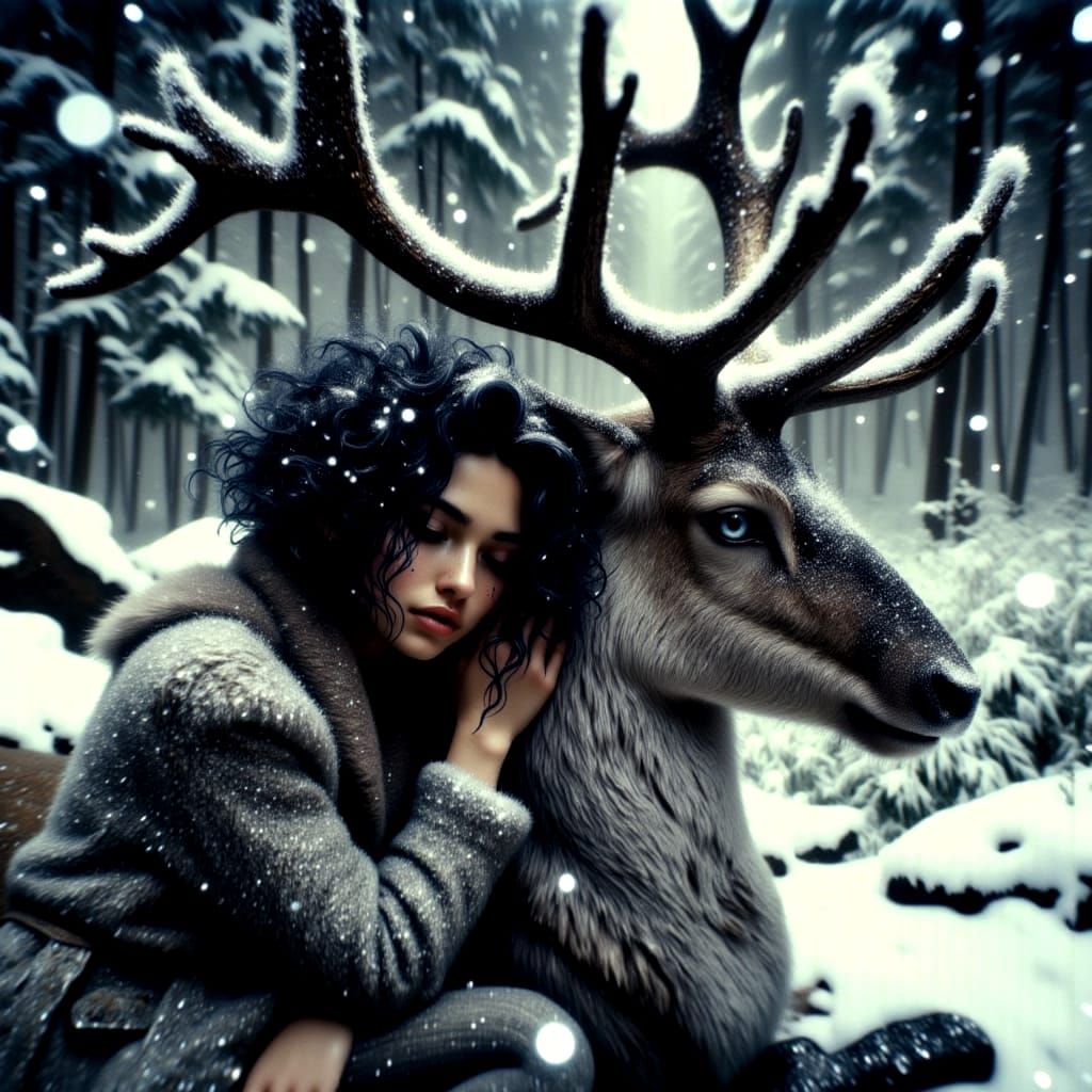 Girl in Serene Winter Wilderness with Majestic Reindeer