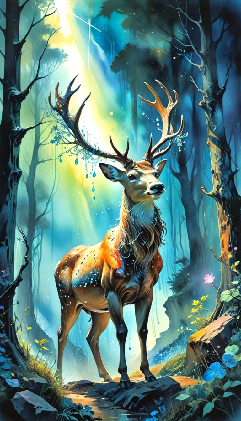 Crystal Deer in Lush Forest, Watercolour Style