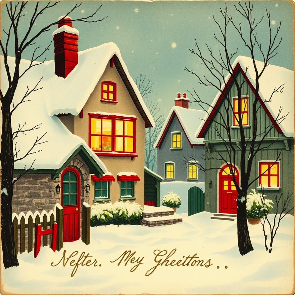 Vintage Holiday Card: Cozy Winter Scene with Soft Colors