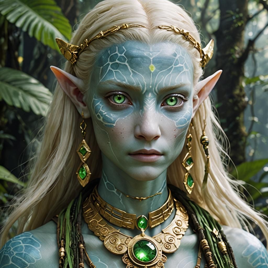 Albino Na'vi with Blonde Hair and Gold Jewelry