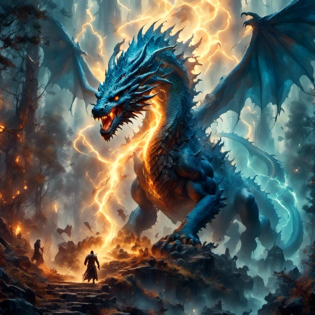 Blue Dragon Unleashes Lightning Breath in Misty Forest