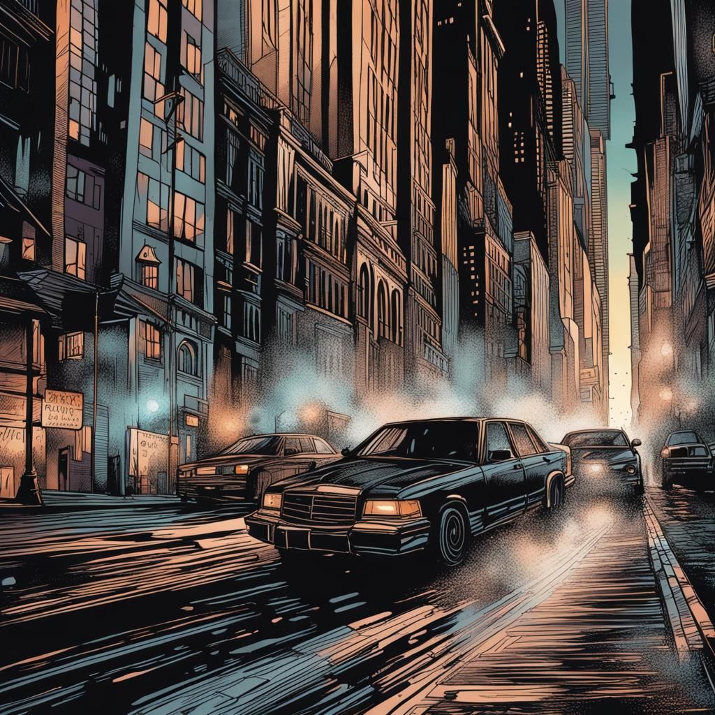 Gotham Cityscape in Hyperrealistic Scratchboard Style